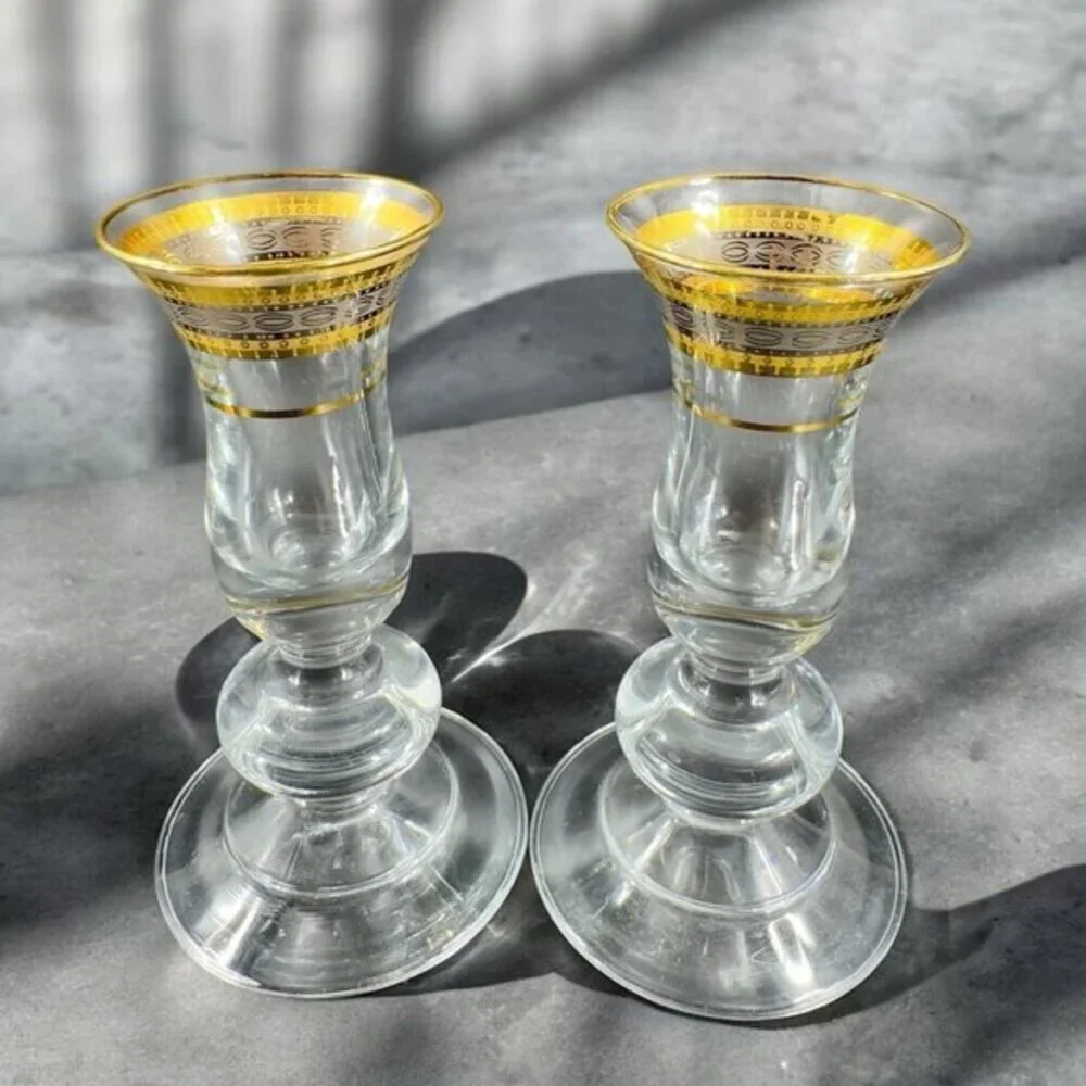 Vintage Glass Candlestick Holder Set 2 Clear Crystal With Gold Painted Decor Top